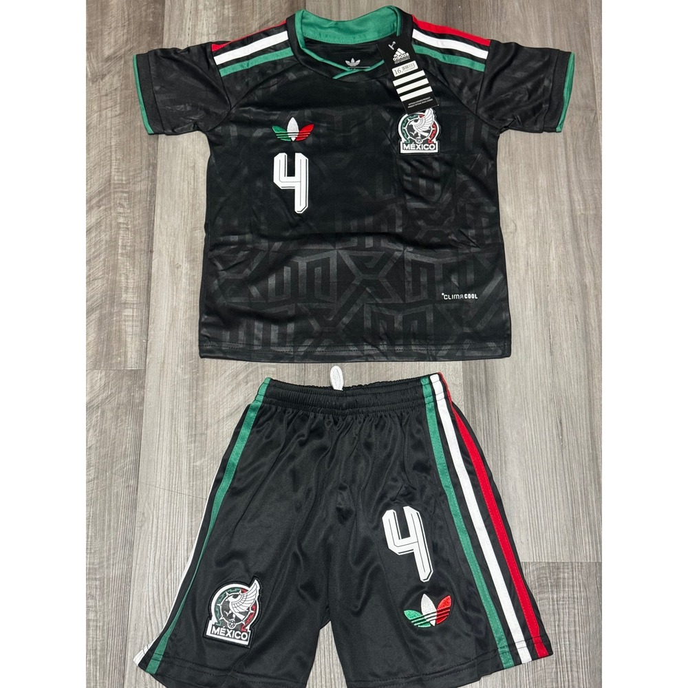 Adidas Mexico Soccer Jersey Shorts Set Kids Size 16 Edson Alvarez 4 Black Kit